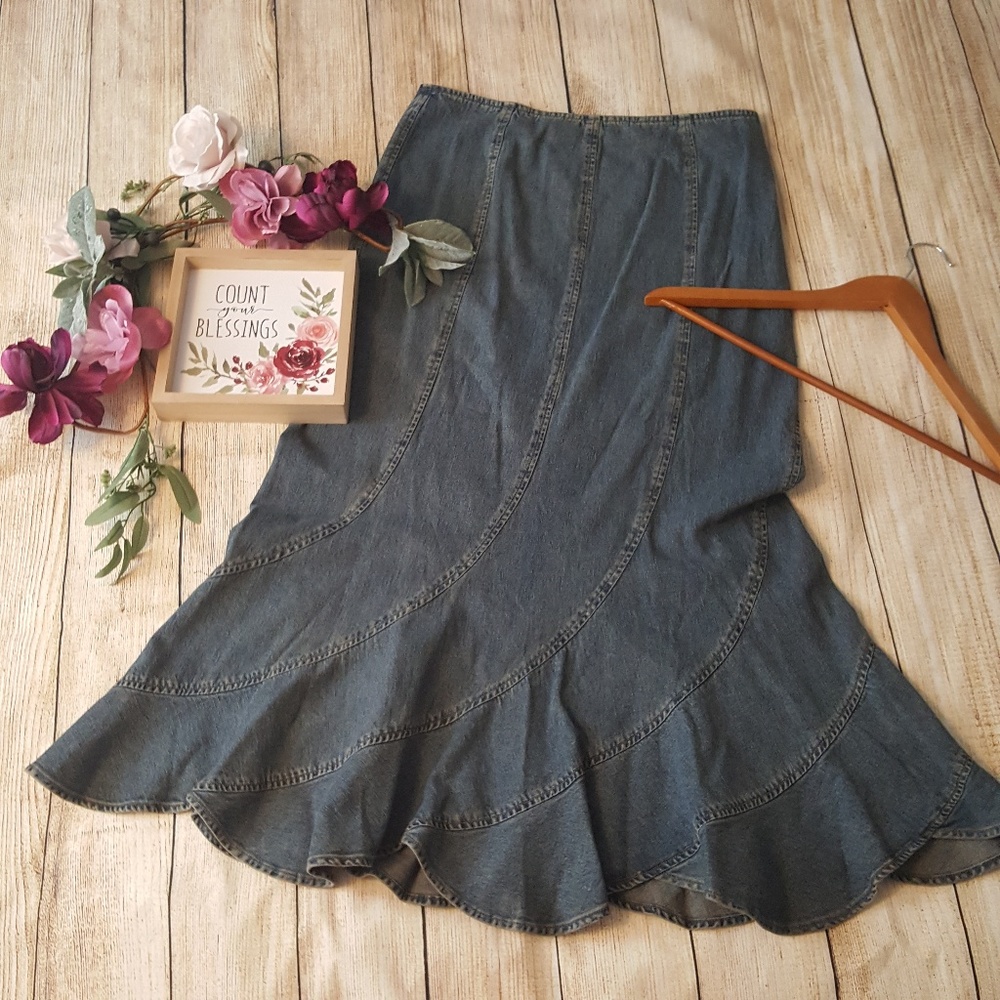 Scalloped Gored Denim Jean Skirt Long Modest 12